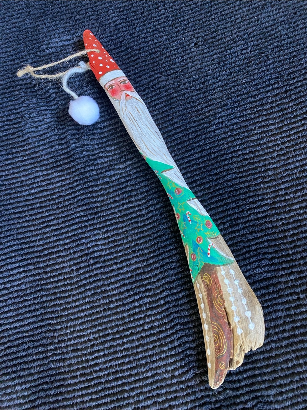 Hand-Painted Santa Tree Driftwood Ornament - Green and Red